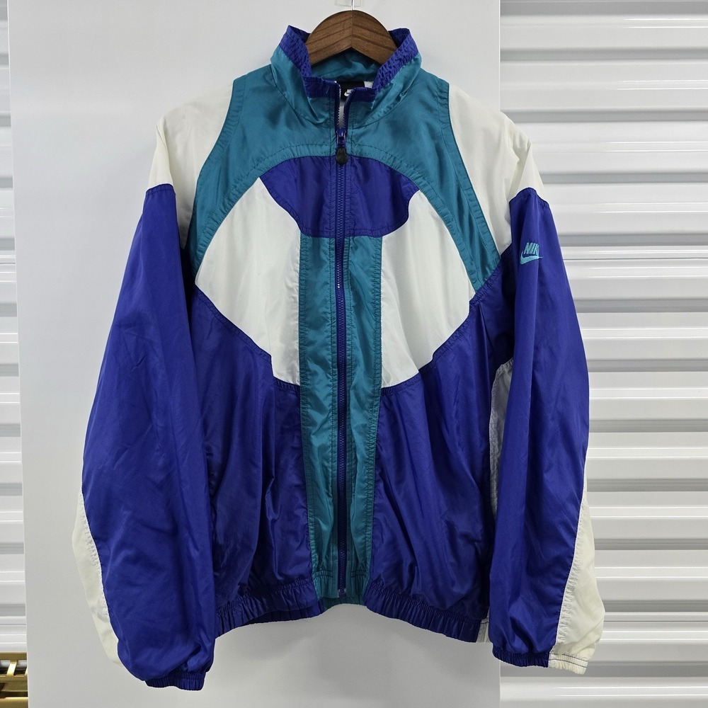 Vintage 90s Nike Windbreaker Women 14 L Teal Purple White Colorblock
